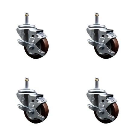 Service Caster 3'' Maroon Poly Swivel 7/16'' Grip Ring Stem Caster Set with Brake, 4PK SCC-GR20S314-PPUB-MRN-TLB-716138-4